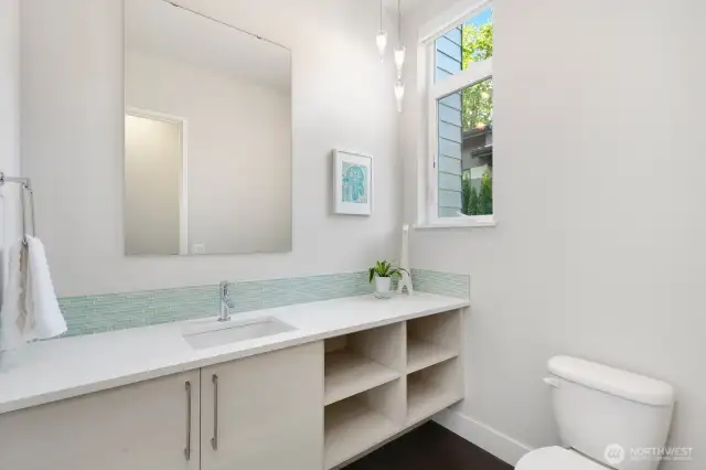 Nice powder room with built-in storage