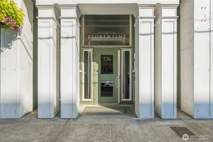 Secure main entrance with callbox for visitors and key fob for residents.