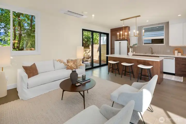 Open concept living room /dining room and island kitchen.