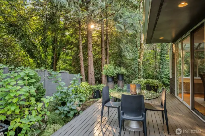Partially covered deck with steps down to yard and greenbelt