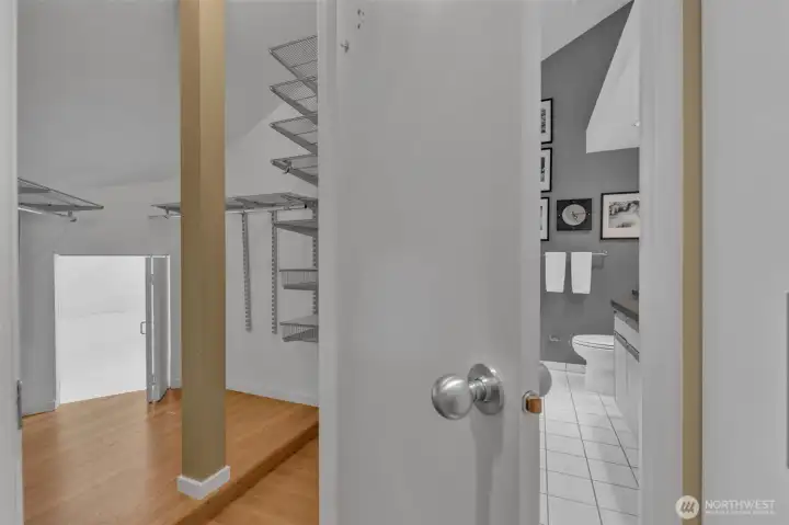 One of the primary bedroom's closets is walk-in with organizers - don't miss the finished storage room in the back - perfect secret playroom for kids too!