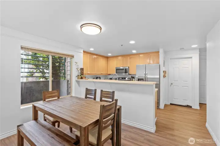 All kitchen appliances are stainless steel.