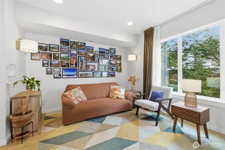 Spacious living room with electric fireplace
