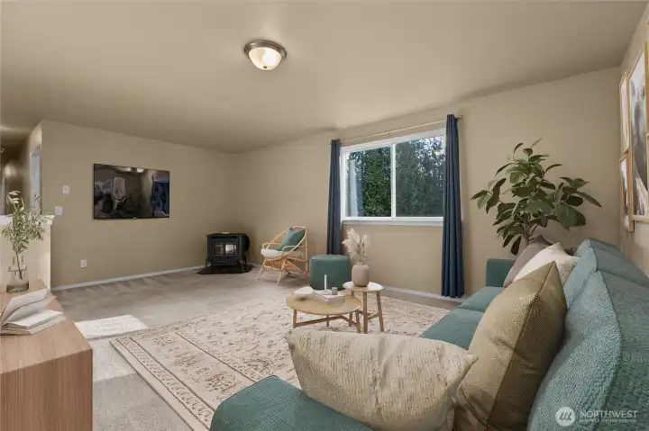 Living space is heated with pellet stove (virtually staged).