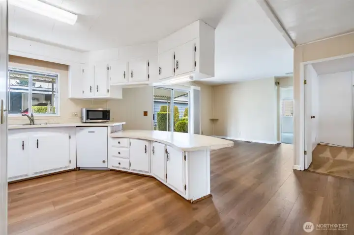 The expansive kitchen offers lots of cabinet and counter space.