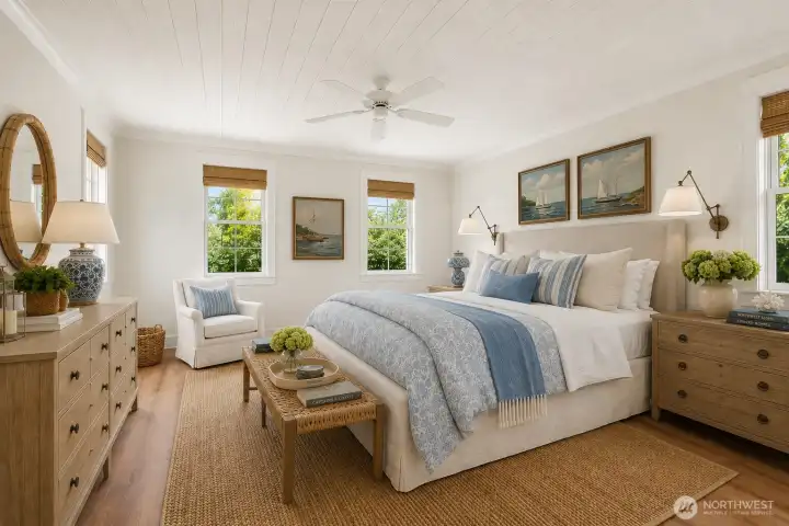 Dreamy primary bedroom virtually staged.