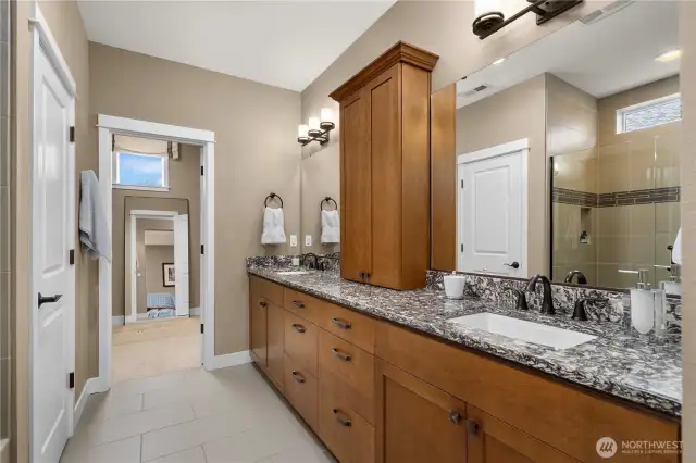 Primary bath with stunning Quartz counters, two undermount sinks, oil ribbed bronze fixtures and beautiful cabinetry.  The large walk-in closet has a window which is wonderful for natural light!