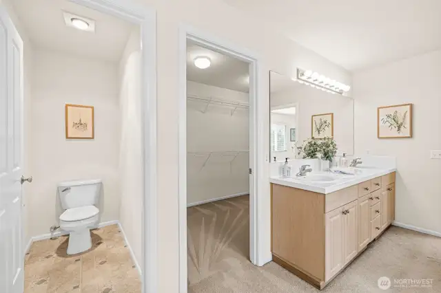 Primary bedroom walk-in closet and private toilet area.