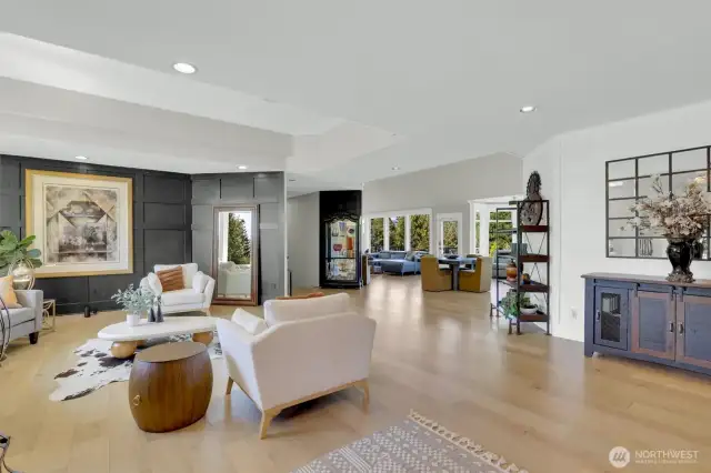 Open concept all updated, coffered ceiling in living room with lots of light