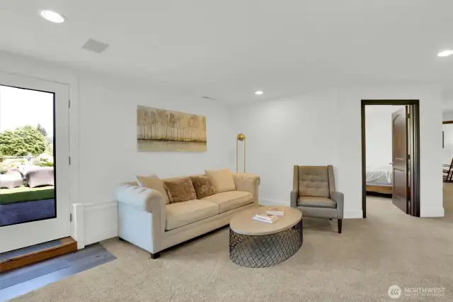 lower level living room with french doors