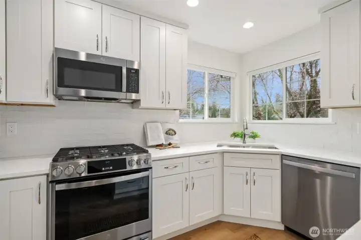 Brand new kitchen with bright corner window, new sink, faucet, disposal & dishwasher - it's all new!