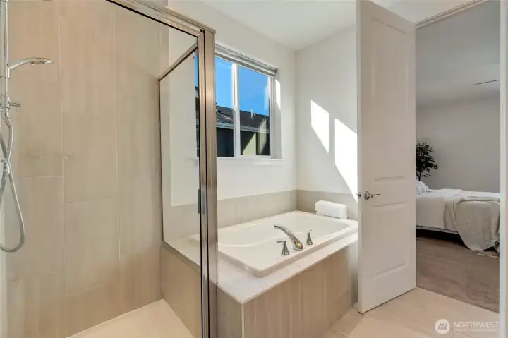 Stand alone shower, soaking tub, and separated closets
