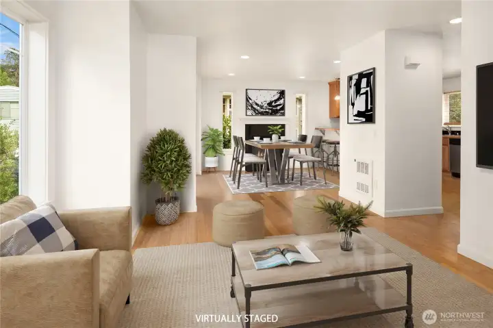 View to the dining room and kitchen from the living room.
