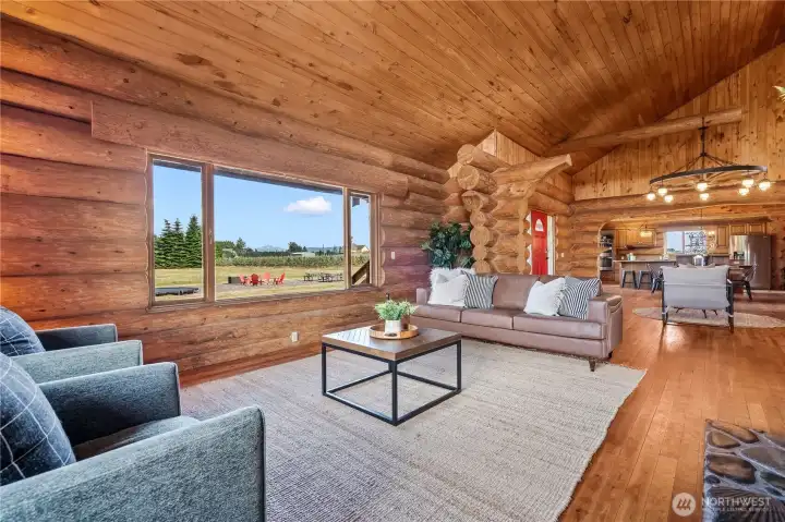 Sitting in the great room, you can see mountains & trees off in the distance