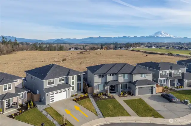 A breathtaking front aerial view of this stunning home, with Mt. Rainier as your majestic backdrop.