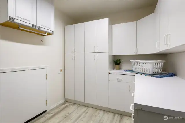 Downstairs Utility room.  Plethora of cabinets and counterspace.  Open the short door and you will get a big surprise.  (storage, storage, storage)