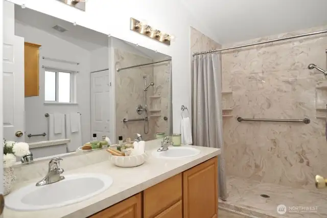 Private bath with extra-large shower & double sinks