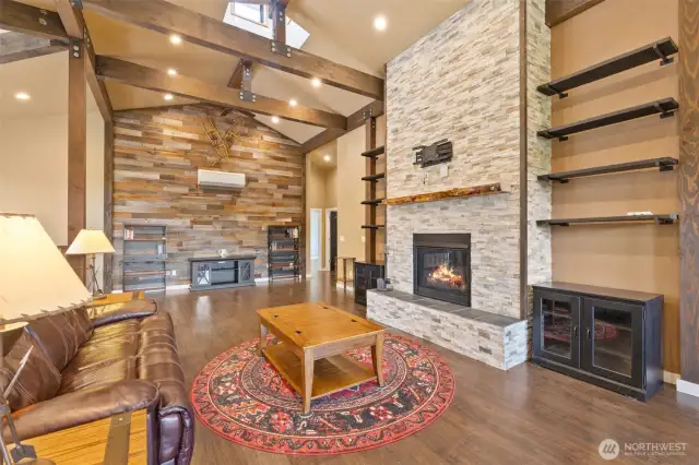 Stacked Stone Fireplace & Alder Mantle