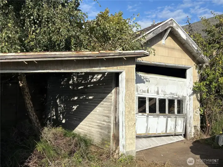Closer view of the tree growing out of the garage