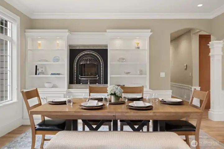 Formal dining area with gas fireplace
