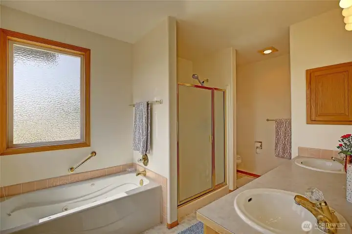 Spacious primary bathroom with jetted tub.