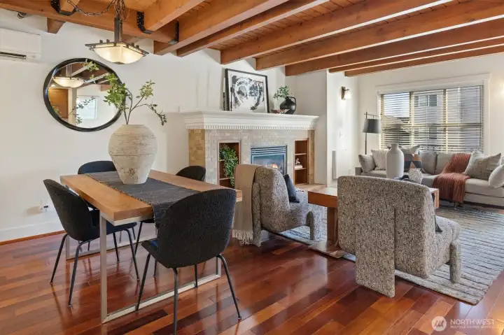 Rich exposed beam ceiling with tongue and groove decking