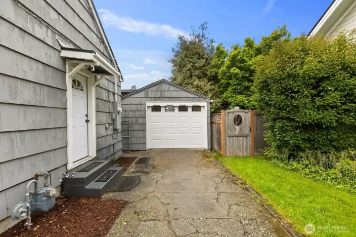 Side entry and garage