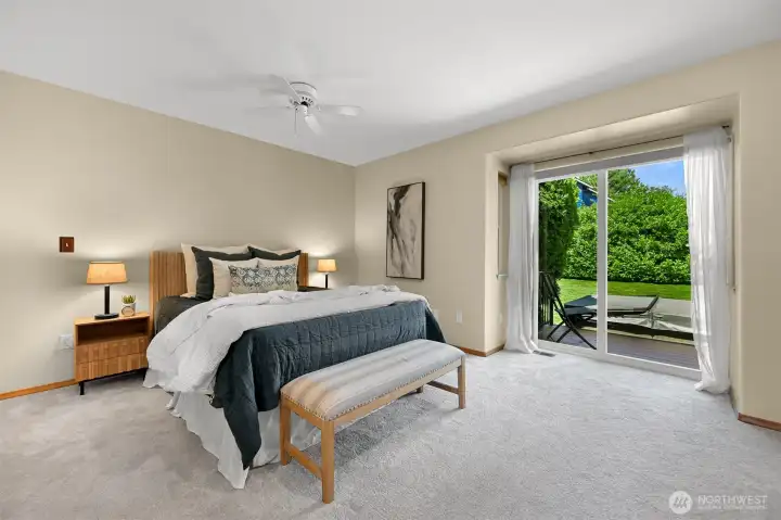 A generously-sized primary suite with direct access to the back yard, deck, and hot tub. A generously-sized primary suite with direct access to the back yard, deck, and hot tub.