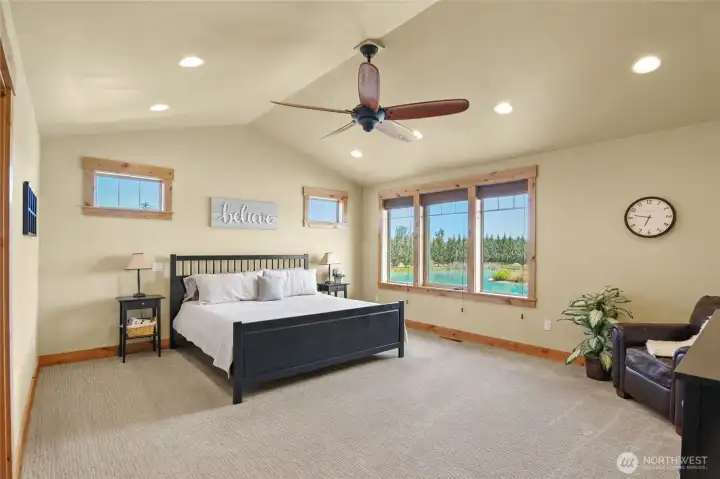 Primary bedroom, vaulted ceilings