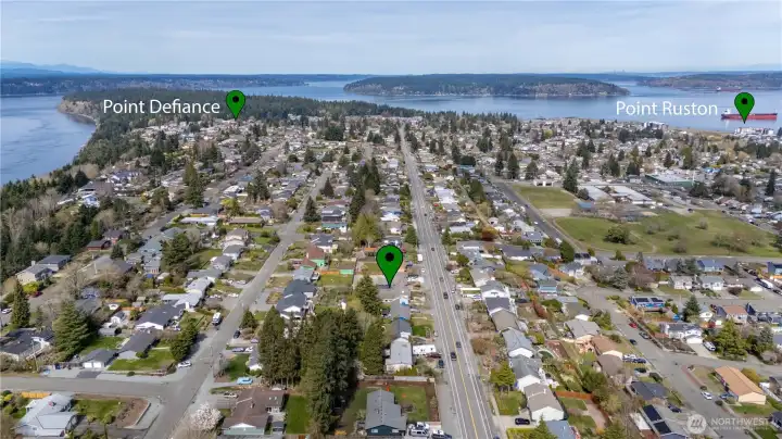 Aerial view showcases the established neighborhood.