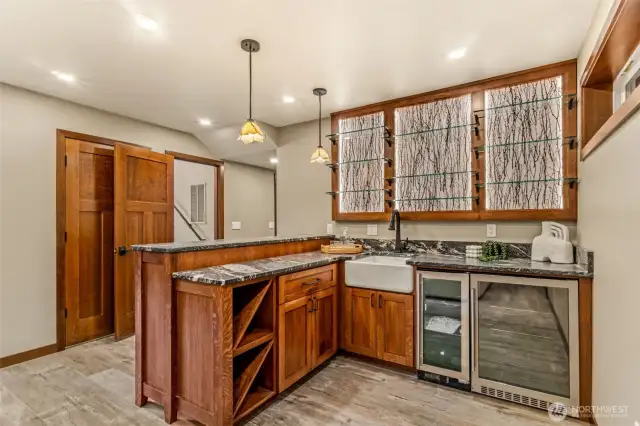 CUSTOM wet bar w/ HIGH END MARVEL ice maker, this shows the wine/ beverage fridge too!