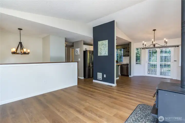 Living room flows to the dining room and kitchen