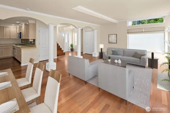 Virtually staged. Another view of the open and airy main floor.