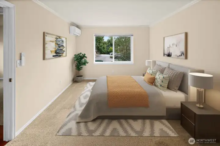 Virtually staged primary bedroom with mini-split heating & A/C