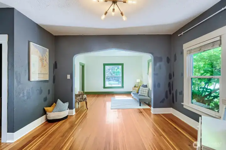 To the left is the bathroom and one of the main floor bedrooms.