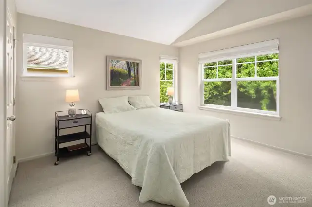 The primary suite has a large walk in closet.  Double vanity with spa tub and separate shower.  Soaring ceilings and overlooking the private back yard.