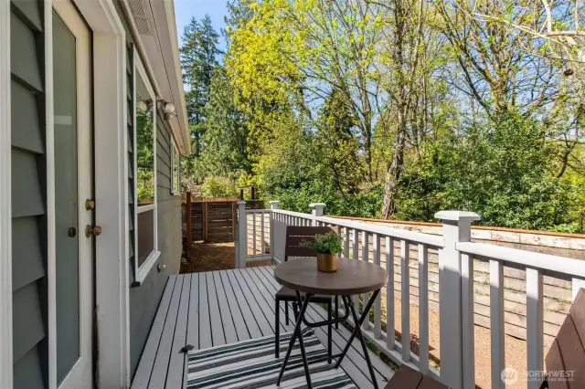 Inviting back porch right off of main living  area with verdant, private, secluded outlet.  Great BBQ spot right near kitchen and  fenced.