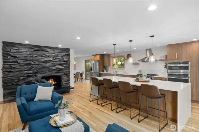 Living Rm, Fireplace, and Island