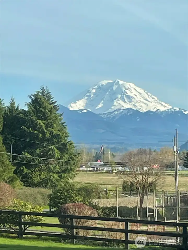The view of majestic Mount Rainier and the Cascade foothills from the living room window.