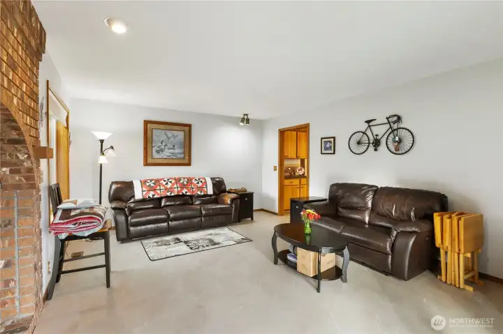 Family room with wood burning stove for added warmth.
