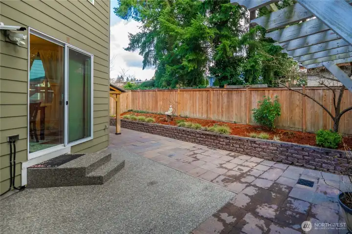 Low maintenance back patio with easy care landscaping