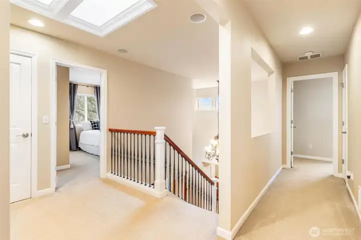 Second story landing with oversized skylight. Two linen closets in the hallway.