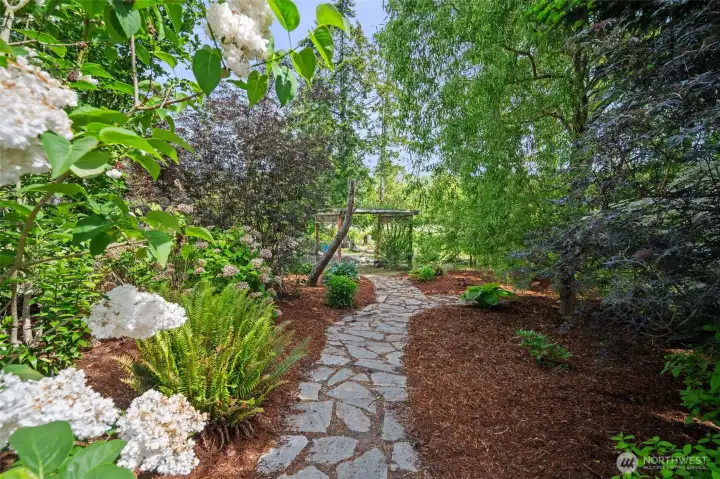 Garden paths that lead to the pond.