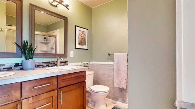 Primary bath upgraded with double sink vanity