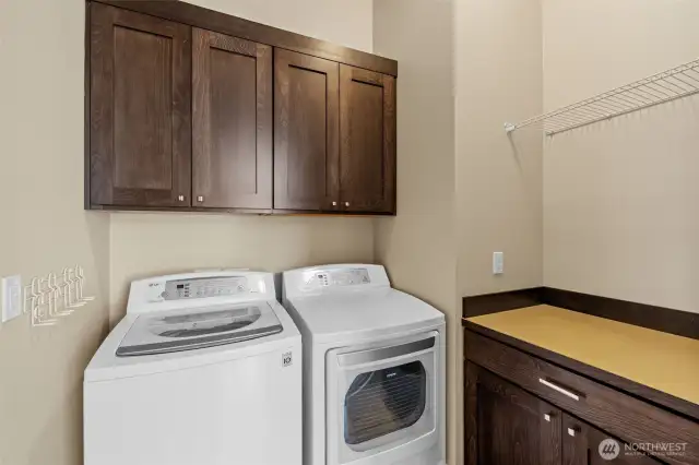 The Laundry Room with overhead cabinets, and separate Cabinet with Counter space. Washer and Dryer remain with the home.