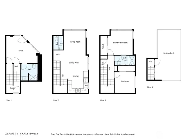Floor plan for the entire townhouse including both commercial and living spaces.  There is an additional mechanical room behind the first-floor bath that is not shown in the configuration but belongs to the townhouse.