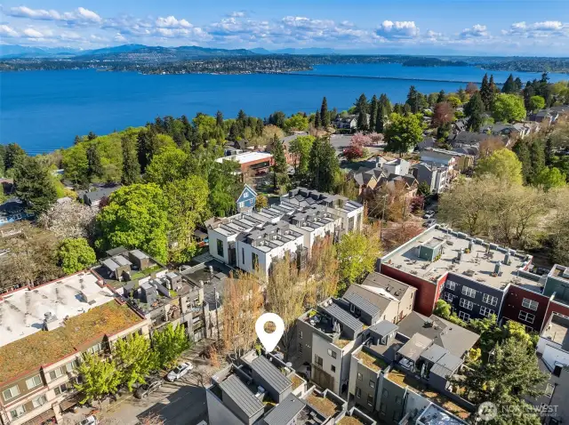 Drone image looking South to the Lake and I-90 Bridge. The Townhouse is close to the Eastside via either Bridge.