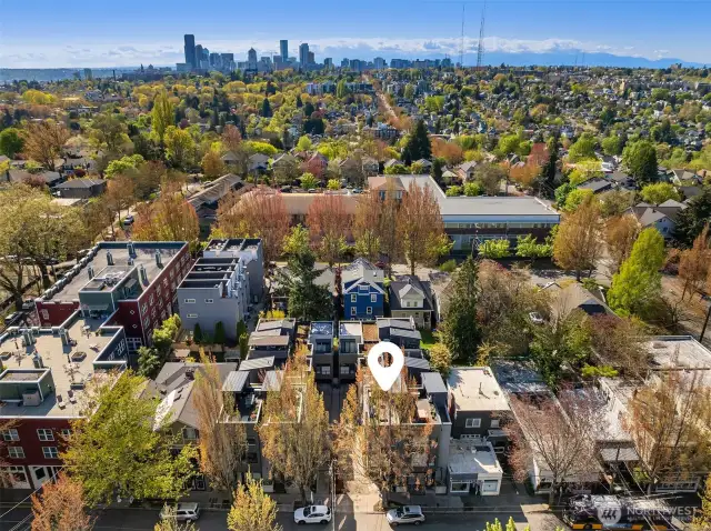 Drone shot of proximity of Downtown from the Townhouse in Madrona