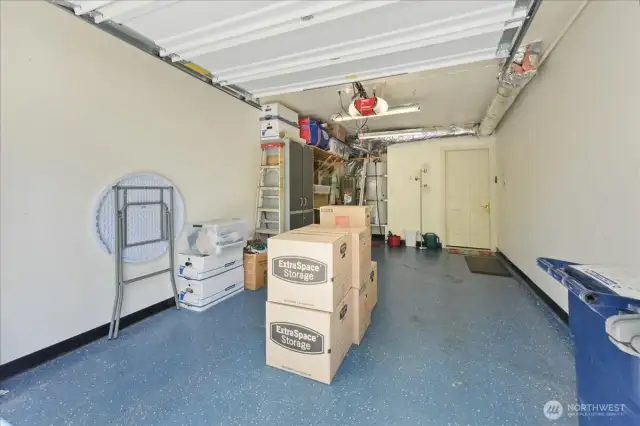 Finished garage with shelving