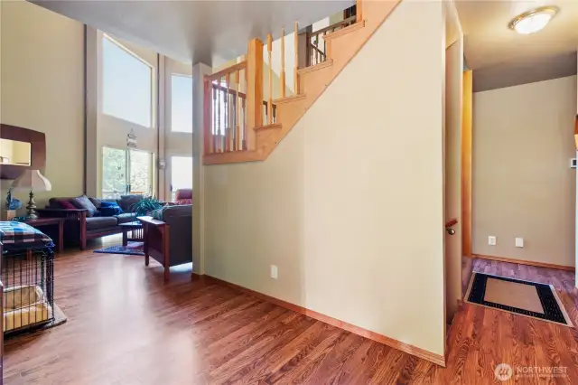 Entryway opens to the living room on the left, with a hallway ahead leading to the primary suite and utility room, or stairs down to the lower level.